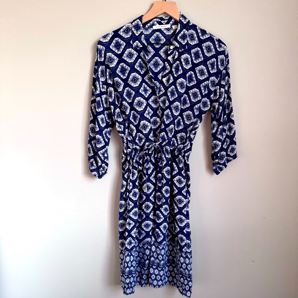 Trenery Shirt Dress Blue Print Button Down Size 8 Elastic Office Career Work
